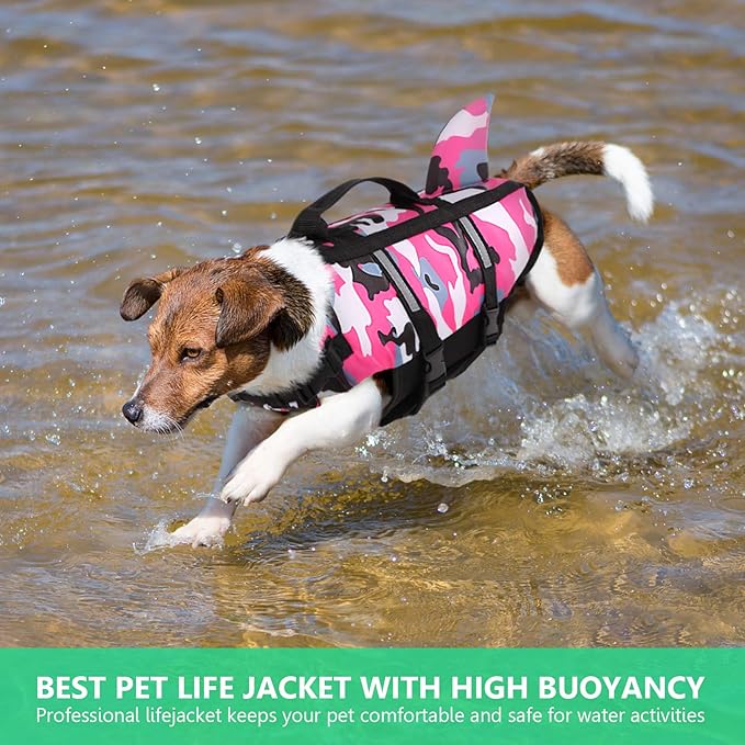Queenmore Dog Life Jacket Pet Safety Vest High Buoyancy Camouflage Color Cute Shark with Strong Rescue Handle and Leash Ring for Boating, Canoeing, Surfing, Hunting