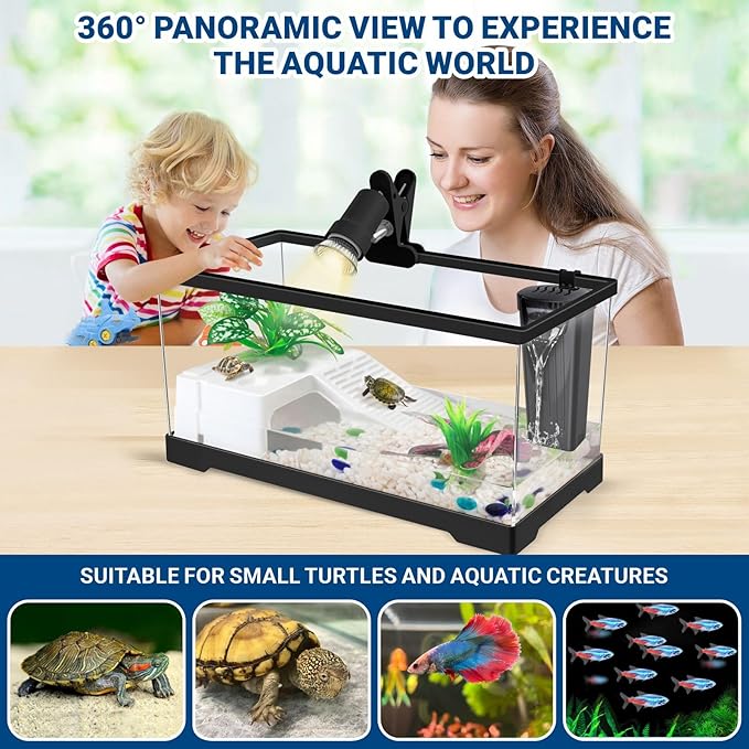GOZILLA Turtle Tank+Lamp+Filter Kit, Upgrade PC Turtle Tank Starter Kit with Filter & Adjustable Lamp,Reptile Habitat Basking Platform with Lid for Small Reptiles.(19.68× 9.52× 9.44''/Large-Black-Kit)