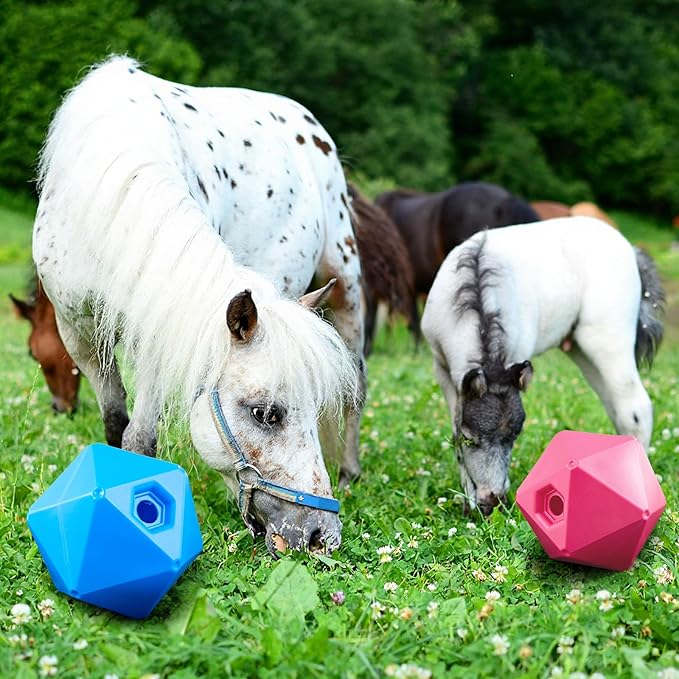 Horse Treat Ball, 9" Horse Ball Feeder Toy & Stress Reliever with 1.13 Inch Opening for Paddock, Slow Feed Enrichment Toys for Horses to Play(2 Pack,Pink Blue)