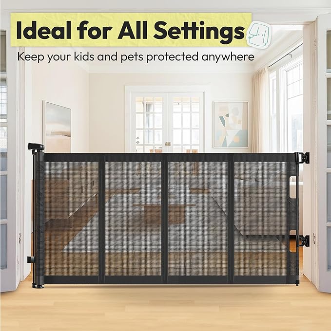 34" H Tall Mesh Dog Gate Extends Up to 200" W Retractable Pet Gate with Drill Installation, Preventing Crawling Through for Stairs, Doorways, Indoor & Outdoor (Black)