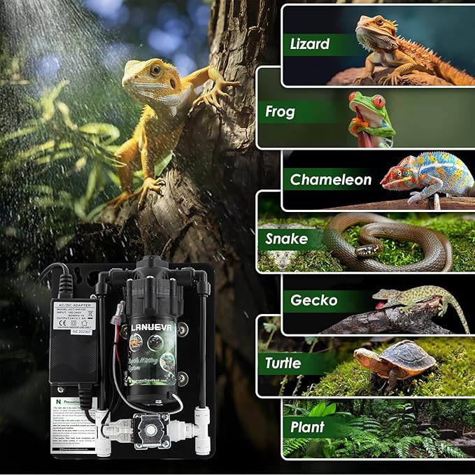 LANUEVA Reptile Humidifier, Quieter Terrarium Mister System with 4 Single Misting Nozzle 360°Adjustable+2 Misting Nozzle, Reptile Fogger Sprayer System for Reptile Tank, Chameleon, Lizard, Snake, Frog