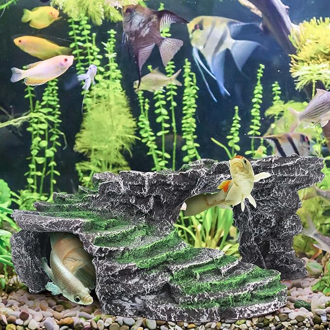 MoonOrange Turtle Basking Platform Kit, Reptile Habitat Hideout, Decorative Resin for Aquarium & Terrarium, Including Artificial Plant and Cleaning Brush. (B-Medium-Black)