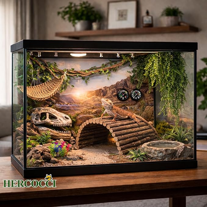 HERCOCCI Bearded Dragon Tank Accessories, Large Reptile Bridge Hammock Flexible - Jungle Climbing Vines and Leaves with Suction Cups Habitat Décor for Hiding& Climbing Snake Gecko Lizard Chameleon