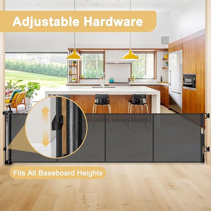 Reinforced 28" Tall x 100" Wide Retractable Baby Gates Extra Wide Dog Gate - Easy Step Over, Long Baby Gate Retractable Dog Gate Indoor Safety Gates Outdoor Gates for Decks with Support Rods, Black
