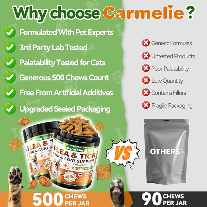 Flea and Tick Prevention for Dogs Chewables, 500 Crunchy & Savory Dog Flea and Tick Treatment with Multivitamins - Support Skin & Coat - Tasty Treats for All Breeds & Ages - Chicken and Krill Flavor