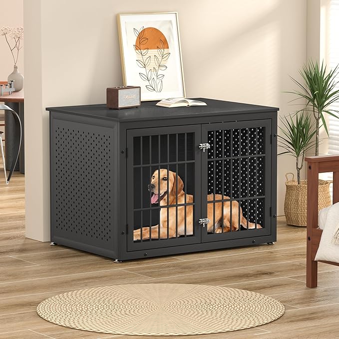 rehomerance 42" Heavy Duty Dog Crate Furniture for Large and Medium Dogs, Enclosed Design Wooden Metal Kennel, Wooden Cage Furniture Indoor, Decorative Dog Kennel End Table