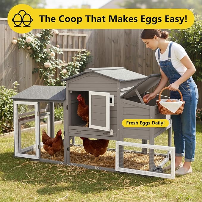 Chicken Coop for 2-3 Chickens, with Large Nesting Box, No-Slip Ramp & Pull-Out Tray, Wooden Poultry Bunny Hutch for Outdoor Indoor