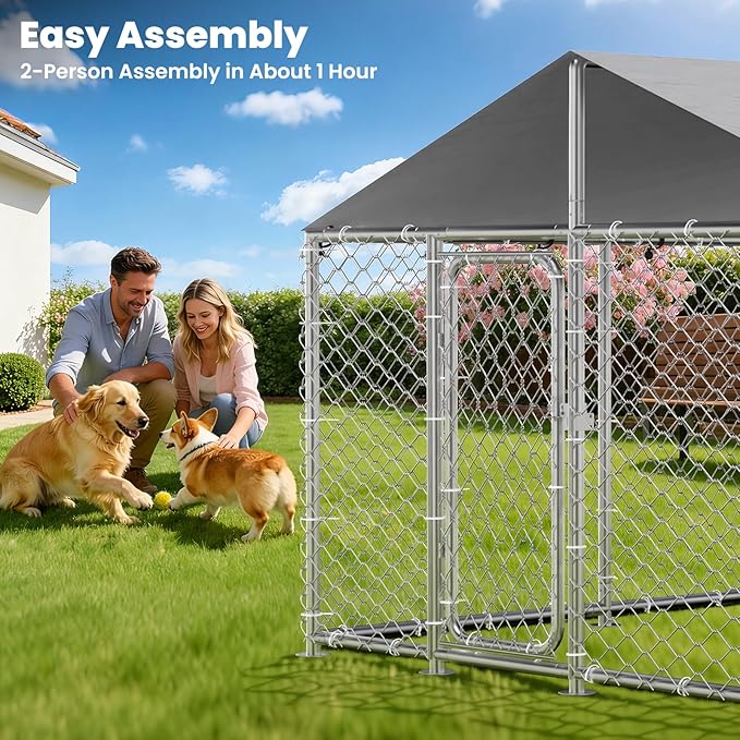7.8' x 7.8' Heavy-Duty Outdoor Dog Kennel with Waterproof Cover, UV-Resistant Roof, Secure Locking Mechanism for Large Dogs, Metal Enclosure for All Weather Conditions(90x90x63IN)