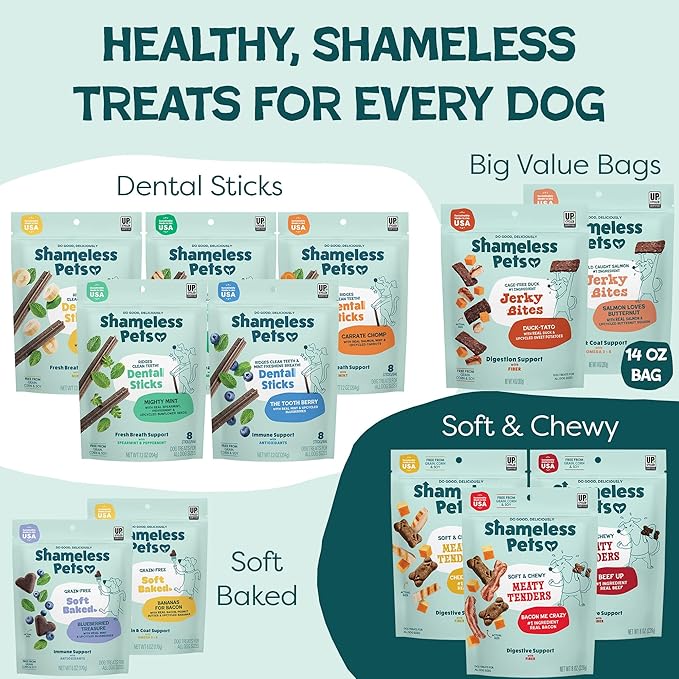 Shameless Pets Jerky Bites Treats, Duck-Tato - Healthy Dog Chews for Digestion Support with Fiber - Dog Treats with Real Cage-Free Duck - Free from Grain, Corn & Soy - 14 oz