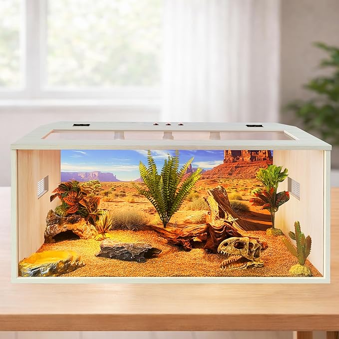 PROLEE Bearded Dragon Tank, Up to 81Gallon Reptile Enclosure, Tempered Glass Lizard Tank, Bearded Dragon Enclosure with Built-in Lamp Fixture for Chameleon (Wooden Roof, 68Gallons,40x19.5x19.5 Inch)