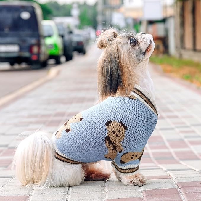 ABRRLO Small Dog Sweaters Cute Bear Dog Cardigans Clothes for Small Medium Dogs Boy Girl Puppy Cat Knitting Cardigan Outfits Dogs Winter Coats Warm Pet Doggy Clothes Soft Knitwear Apparel (Blue,XS)