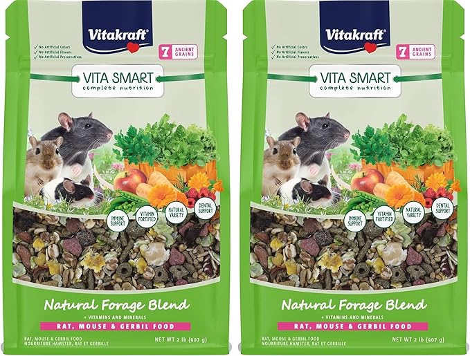 Vitakraft Vita Smart Rat Mouse & Gerbil Food 2 lb Bag with Wholesome Daily Nutrition Premium Seeds Grains Vegetables Fruits Fortified with Essential Vitamins Minerals for Small Pet Health (Pack of 2)