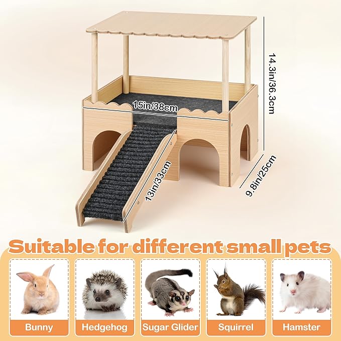 Wooden Guinea Pig Hideout Castle with Stairs,Small Animal Bed Hut Habitats Spacious 2-Level Detachable Small Pet House for Rabbits, Hamsters & Chinchillas Bunny (Updated Grey)