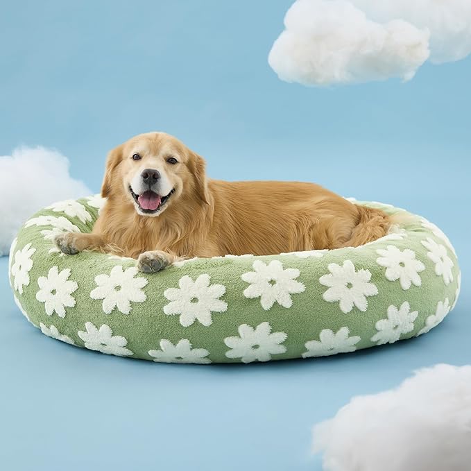 LE SURE Shown on TV Donut Dog Beds Extra Large Sized Dog - Round Pet Beds for Calming Puppy with Washable Cover, Orthopedic Modern Beds with Jacquard Shaggy Plush & Anti Slip Bottom, 42 Inch,Green