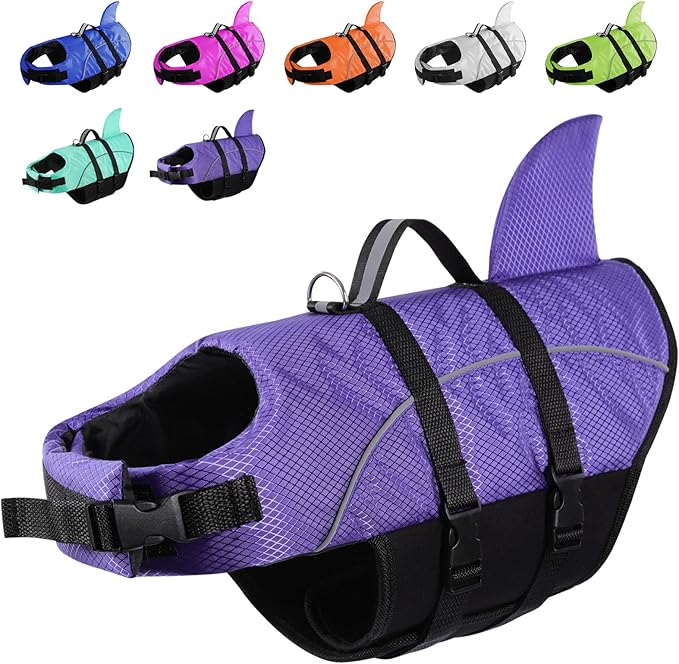 Queenmore Small Dog Shark Life Jacket, Puppy Dog Life Preserver with High Buoyancy, Reflective Light and Strong Rescue Handle for Swimming Boating Kayaking (Purple, L)