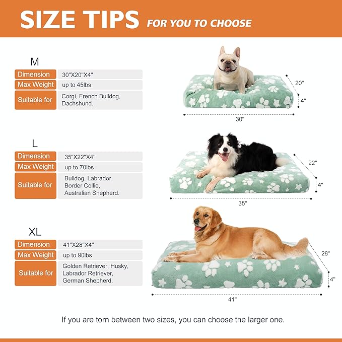 Dog Beds for Small Medium Dogs, Cute Thick Dog Bed for Crate Kennel, Fluffy Pet Bed with Removable Washable Cover and Anti-Slip Bottom, 30"x 20", Green Paw