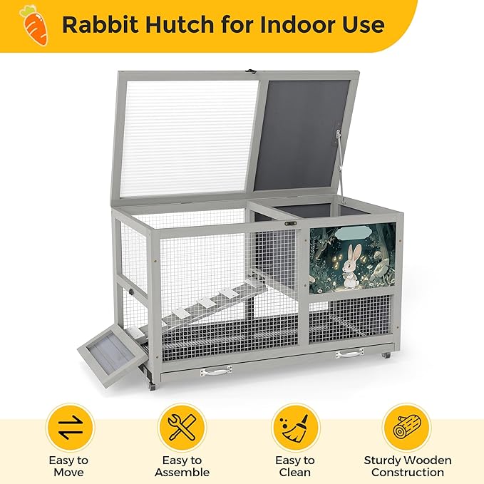 COZIWOW 36.5-Inch Double-Decker Wooden Insulated Rabbit Hutch with Wheels, Heated Rabbit Cage Featuring A Cleaning Tray and Ladder—Stylish&Easy to Assemble(Orange&Air Purifier)