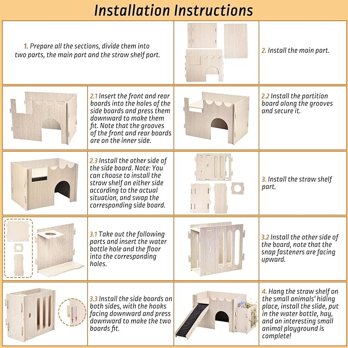 PINVNBY Large Wooden Guinea Pig Hideout with Water and Hay Feeder Ramp Easy to Assemble Wood Bunny Castle Hamster House for Small Animal Chinchilla Rat Rabbit Bunny Hedgehog