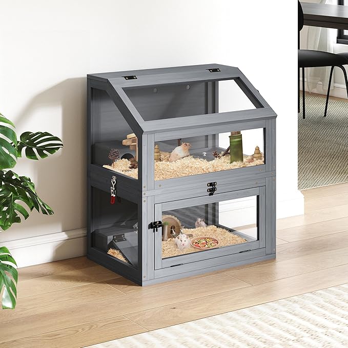 COZIWOW 2-Tier Wood Hamster Cage, Guinea Pig House with Hideouts, Ramps, Acrylic Window, Door Access, Detachable Squirrel Cage for Hedgehogs Gerbils Mice Small Animals, Gray
