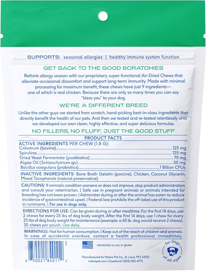 Native Pet Dog Allergy Chews - Dog Allergy Relief for Medium Breeds - Supports Seasonal Itch Relief, Healthy Immune Function & Reduces Sneezing - Colostrum, Spirulina, & Probiotics - 30 Days Supply