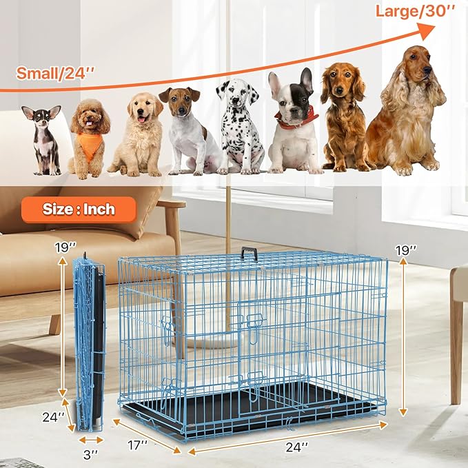 Dog Crate for Large Medium Small Dogs, Folding Dog Kennel Cage with Plastic Tray & Divider 48"/42"/ 36"/ 30"/ 24" Indoor Outdoor Metal Double Door Heavy Duty Dog Pen Enclosure, Blue(24 Inch)