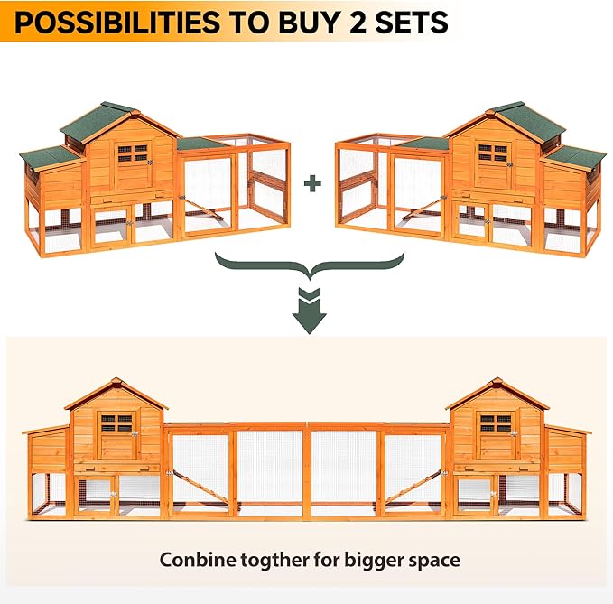 Large Chicken Coop Outdoor Durable Duck House Poultry Pet Hutch & 2 Wood Eggs Run Cage Nesting Box Waterproof Asphalt Roof Ramp Removable Tray Wire Fence for Backyard Small Animal79 Brown