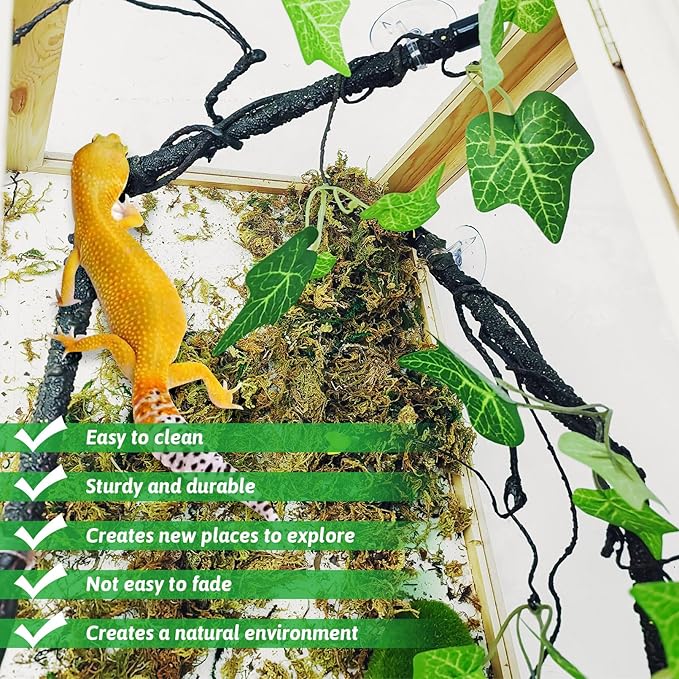 PINVNBY 2 PCS Snake Climbing Branch, Flexible Jungle Reptile Vine with Suction Cup Gecko Climb Tree Branches Chameleons Cage Accessories for Lizards,Tree Frog, Crested Gecko,Snake Enrichment(Green)