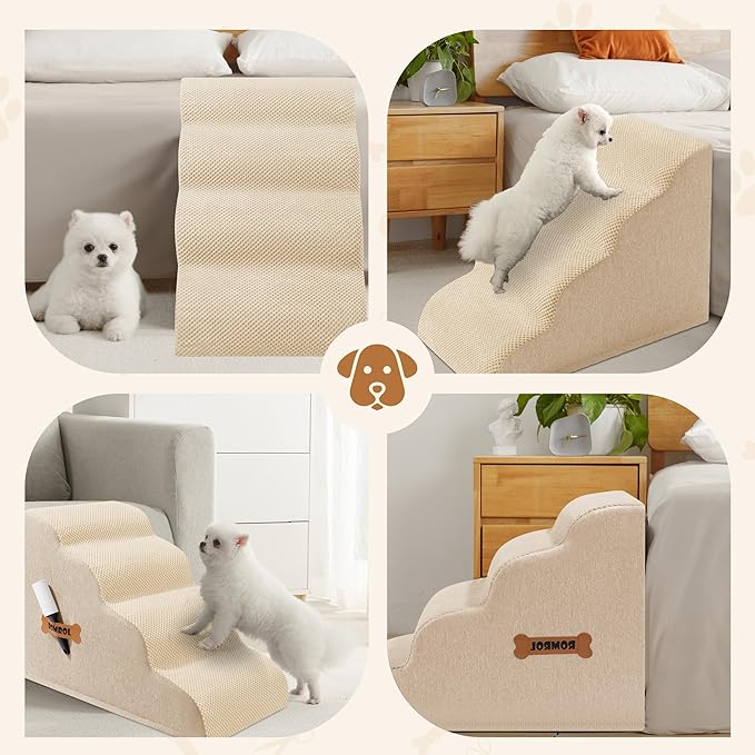 Dog Stairs, Romrol Dog Steps Ramp for High Bed and Couch, Dogs Ramp with Durable Non-Slip Waterproof Fabric Cover, Pet Stairs for Small Dogs and Cats or Pets Joints, 4-Tiers, Beige