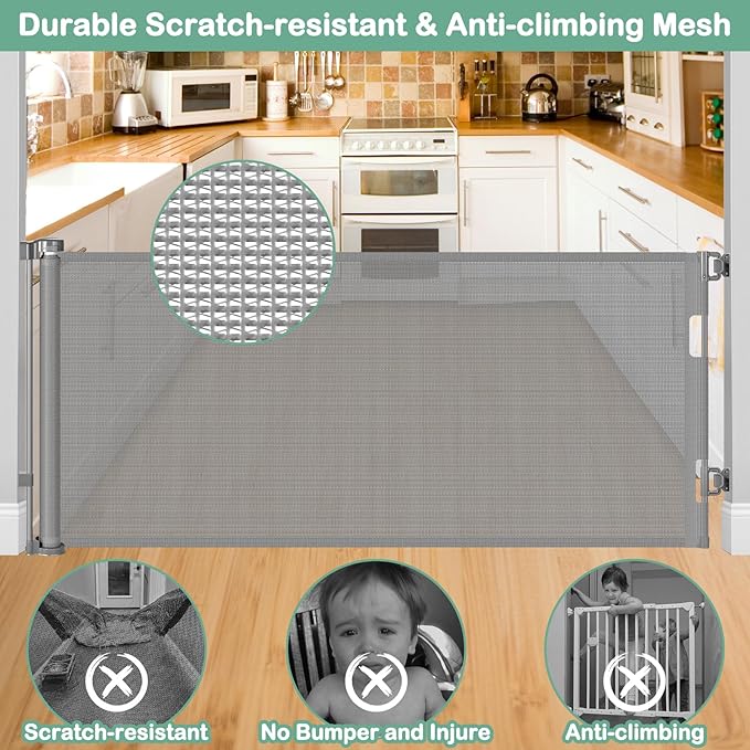 BETERTEK 80 Inch Wide Retractable Baby Gates for Dogs Indoor, Anti-Scratch Mesh Pet Gate for Doorways, 33” Tall Retractable Outdoor Gate for Decks, Anti-Climb Safety Mesh Gates for Kids or Pets, Gray