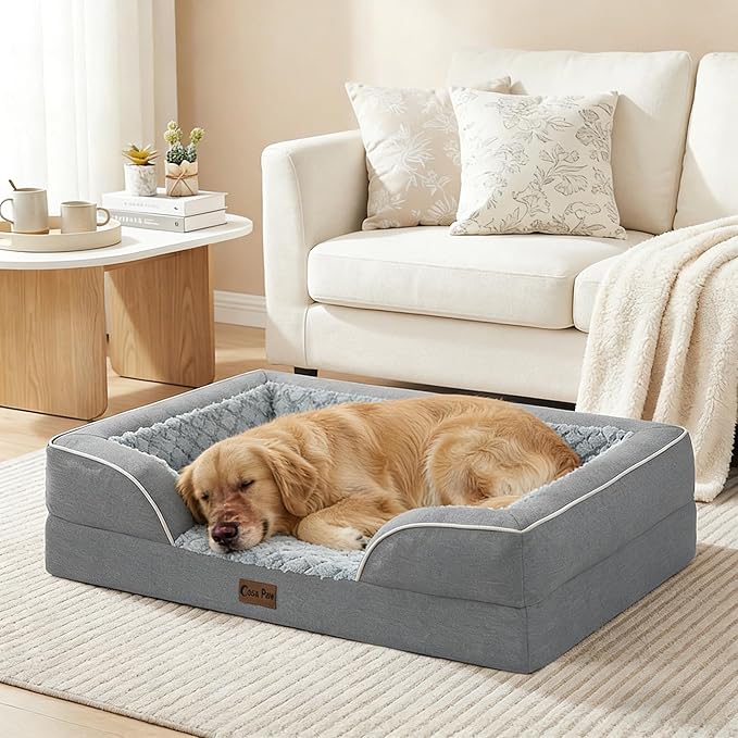 Orthopedic XXL Dog Beds, Waterproof Memory Foam Big Bolster Pet Bed for Extra Large Sized Dogs 53x42Inch, Non-Slip Bottom and Egg-Crate Foam Dog Couch Bed with Washable Removable Cover, Grey