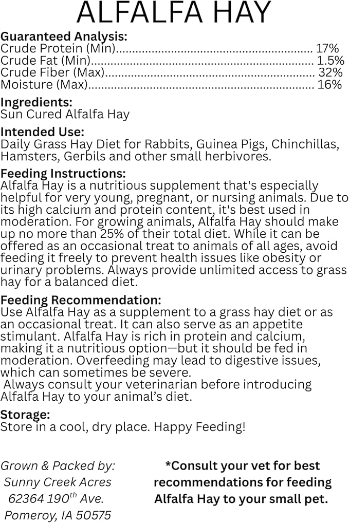 Alfalfa Hay for Rabbits, Guinea Pigs, Chinchillas, Hamsters, Gerbils, and Other Small Herbivores. 5lb