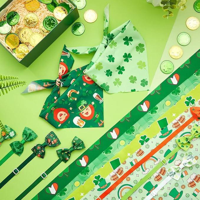 Sanwuta 50 Pcs St. Patrick's Day Dog Bandanas and Collar Bow Ties Set 25 Bandanas Bulk 25 Irish Shamrocks Clover Leprechauns Dog Collar Flower Adjustable Triangle Scarf Bowtie for Small Medium Large