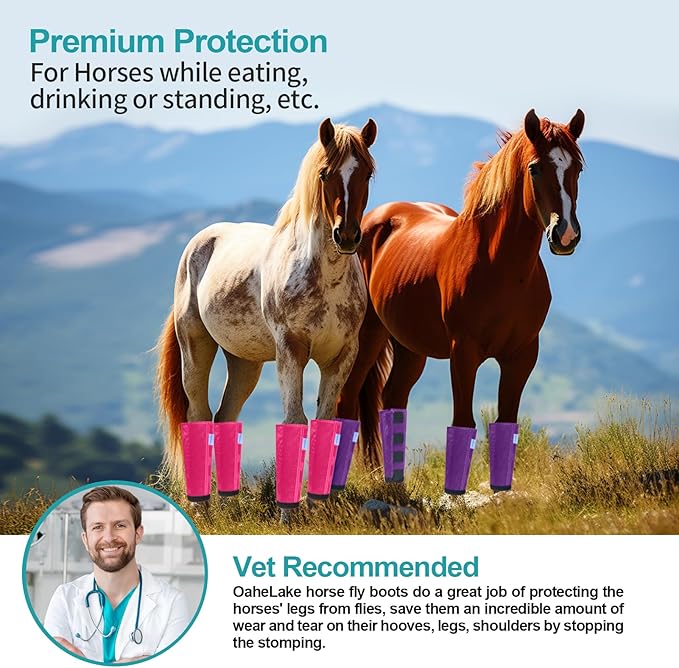 Mesh Horse Fly Boots Set of 4, Loose Fitting Leggings for Horses, Reduce Stressful Stomping, Breathable Adjustable and Universal Fit for 4 Legs, Reliable Stay Put (Magenta)