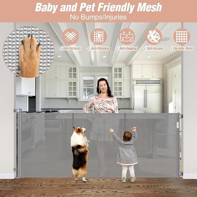 Reinforced 42" Extra Tall x 75" Wide Retractable Baby Gates with Support Rods - Prevent Crawling Under Extra Tall Pet Gate Indoor Mesh Baby Gates for Dogs Outdoor Retractable Gate, Gray