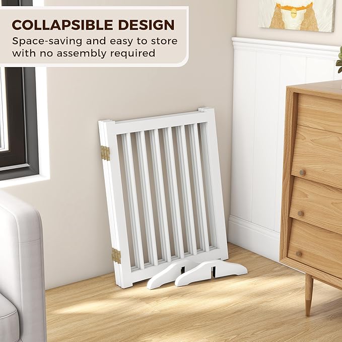 Indoor Dog Gate,Wooden Freestanding Dog Gate for Stairs or Doorways-3 Panels 24" - Folding Solid Wood Safety Pet Fence with 2 Support Feet-White Color