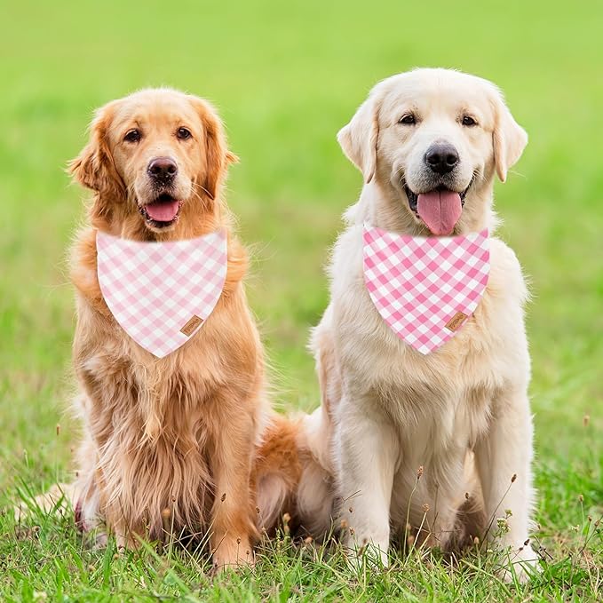 FYSUIMU 2Pcs Spring Summer Pink Plaid Dog Bandanas Valentine's Triangle Pet Scarf Adjustable Puppy Neckerchief Dog Bib for Medium Large Cat Costume Accessories