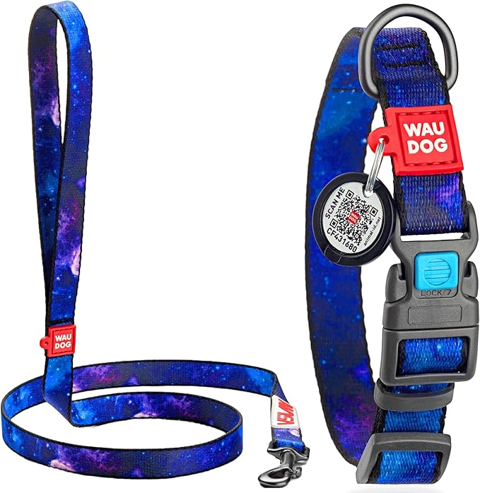 Nylon Dog Collar and Leash Set - Adjustable Dog Collar for Large Dogs, Small & Medium Dogs - Puppy Collars for Large Breed - Boy & Girl Collars with Durable Plastic Buckle and QR Tag