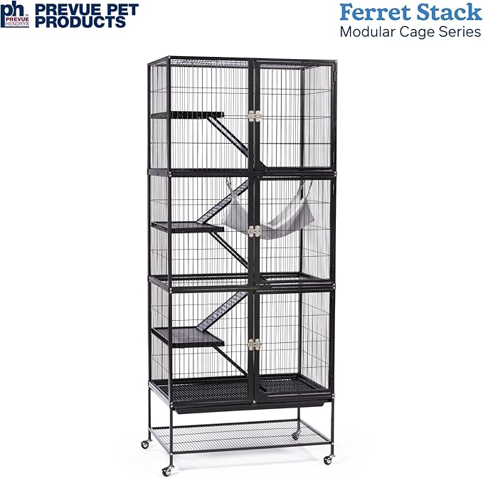 Prevue Pet Products Ferret Stack Three Story Ferret Home with Portable Stand, Escape Proof Lock, Hammock, Ramps, Expandable Add-On Cage Stacking System