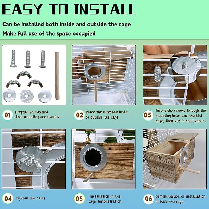 kathson Parrots Nesting Box Parakeet Nest House for Cage Budgie Breeding Hut with Coconut Fiber Bedding Wooden Bird Mating Box for Lovebirds Budgie Conure Cockatoo Cockatiel and Small Medium Parrots