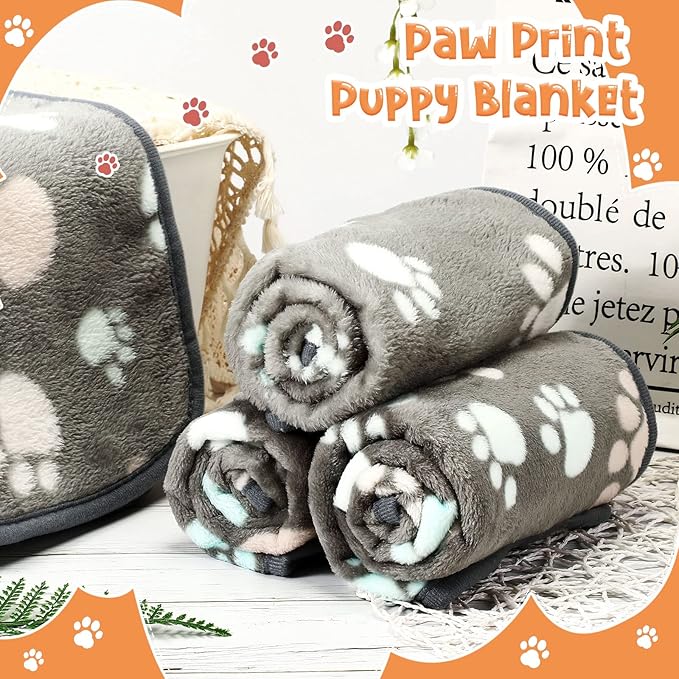 Tatuo 4 Pcs Dog Blanket for Pet Cat Blankets Indoor Puppy Teething Stuff Toys Paw Print Fleece Blanket Warm Sleep Mat for Guinea Pig Cage(Dark Gray,Small(24 x 16 Inch),Square)