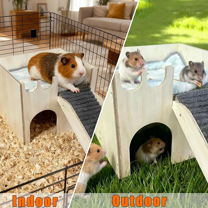 Guinea Pig Hideout Wood, Hamster Hideout Large, Rabbit Castle with Ramp, Bunny House for Cage, Chinchilla House Castle, Small Animal Hideout House, for Ferret Hedgehogs Playing Hiding Sleeping