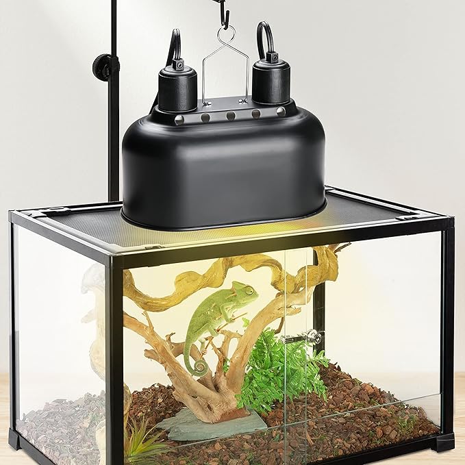 Simple Deluxe Dual Reptile Light Fixture with Separate Switches, Aluminum Reflector 100W Double Dome Heat/UVB Lamp, for Small Animal Terrarium and Tortoise Habitat
