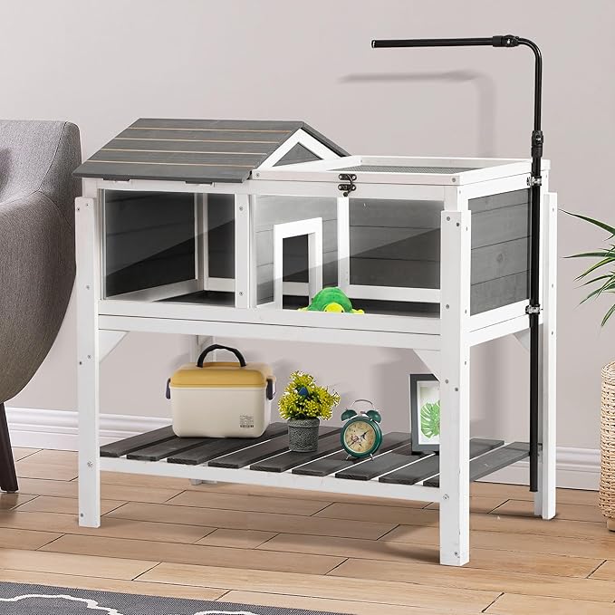 TITIMO Tortoise Habitat with Lamp Holder and Storage Shelf, Tortoise Enclosure Indoor Outdoor with Detachable Legs, Wooden Turtle House Reptile Cage with Tray for Small Animals