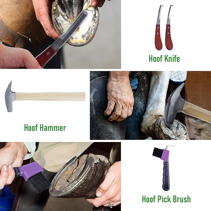 lukar 8PCS Farrier Tools Kit Horse Hoof Trimmers, Includes 16" Horse Hoof Nipper, 13" Horseshoe Cutting Pliers, 14" Hoof Nail Clincher, Hoof Hammer, Hoof Knife, Rasp File, Horseshoe Brush