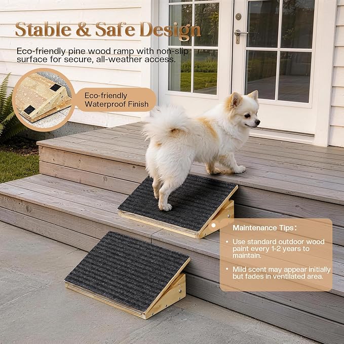 Adjustable Dog Ramp for Stairs with 3 Heights, Anti-Slip Small Dog Ramp for Indoor & Outdoor, Solid Wood Pet Steps for Small/Senior/Injured Dogs, Gentle Slop Ramp for Stairs with Carpet Surface
