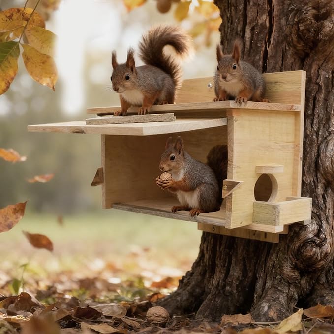 Large Solid Wood Squirrel House - Handmade All-Weather Outdoor Nesting Box to Welcome Squirrels & Chipmunks - Easy Mounting Kit for Backyard, Tree, or Fence