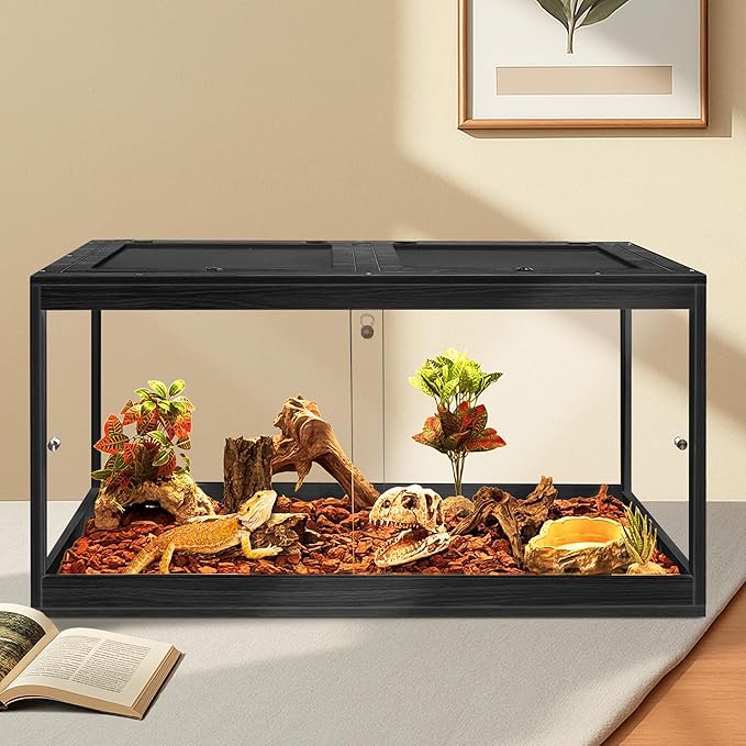 PROLEE Reptile Tank, 65 Gallon Beard Dragon Tank, Tempered Glass Reptile Encloure and Snake Tank with Locking Design for Lizard,Gecko,Chameleon (40"X19.5"X19.5",Black)