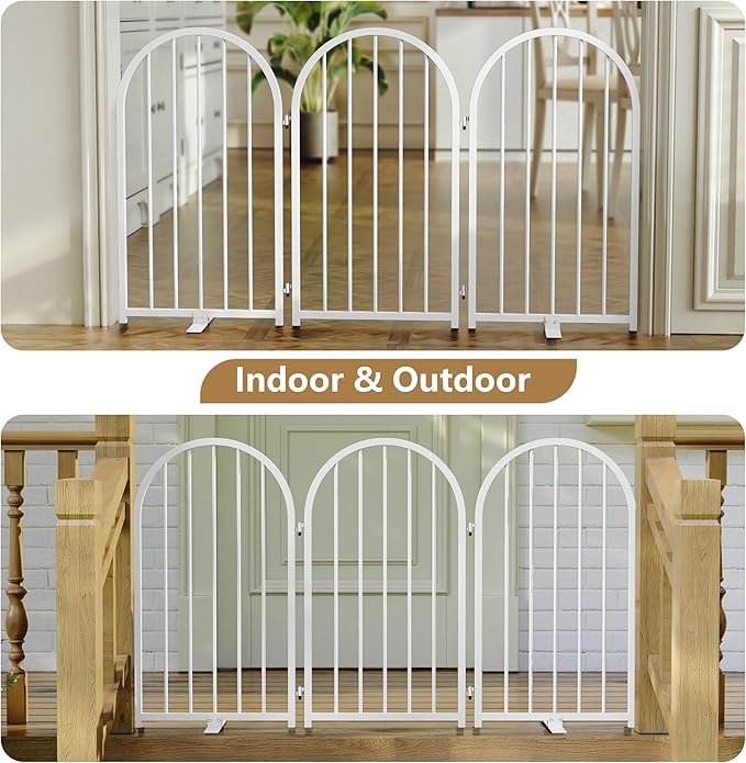 PUPETPO Full Metal Dog Gate for Indoor Outdoor, 32" Tall Free Standing Pet Dog Fence, 54" Wide Arched Pet Gates for Stairs, Hallways, Doorways, Kitchen, Decks, Yards (White, 3 Panels)