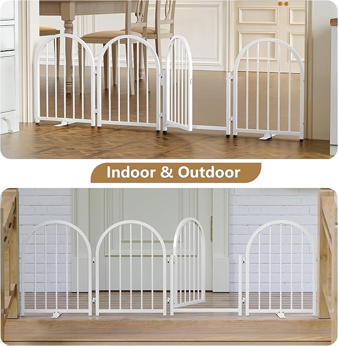 PUPETPO Full Metal Dog Gate with Door for Indoor Outdoor, 24" Tall Free Standing Pet Dog Fence, 72" Extra Wide Pet Gates for Stairs, Hallways, Doorways, Kitchen, Decks, Yards (White, 4 Panels)