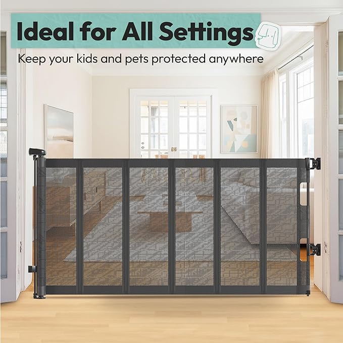 34" H Tall Mesh Dog Gate Extends Up to 150" W Retractable Pet Gate with Drill Installation, Preventing Crawling Through for Stairs, Doorways, Indoor & Outdoor (Gray)